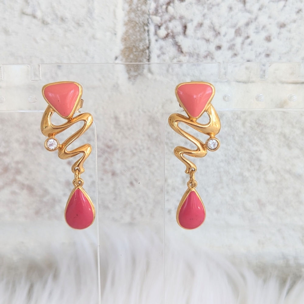 Vtg Avon Goldtone Swirl Lightning  Pink Orange Rhinestone Drop Dangle Earrings